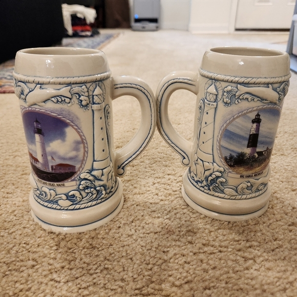 Set Of 2 Lighthouse Beer Steins Ceramic Maine Ohio Michigan No Lids - Picture 3 of 6